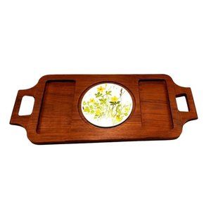 Teak Cheese Board "GOODWOOD" 1970s Rectangular Center Floral Tile Handles